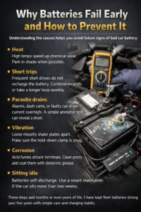 Car battery with corrosion on terminals being tested with a multimeter, illustrating common causes of early car battery failure such as heat, corrosion, vibration, and parasitic drain.