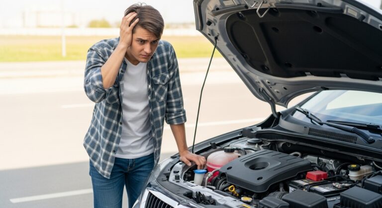 Frustrated driver standing beside car with open hood because engine will not start