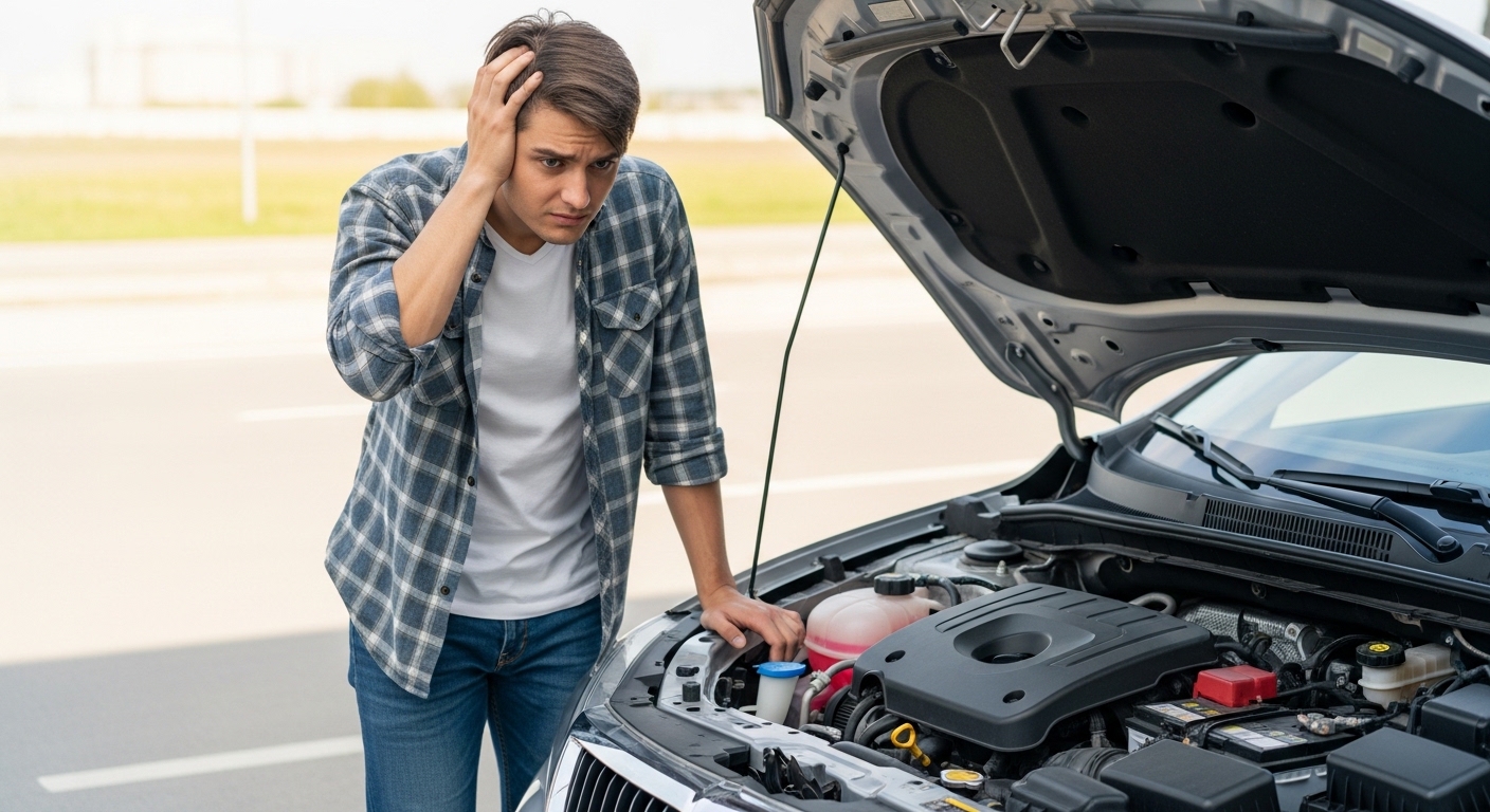Frustrated driver standing beside car with open hood because engine will not start