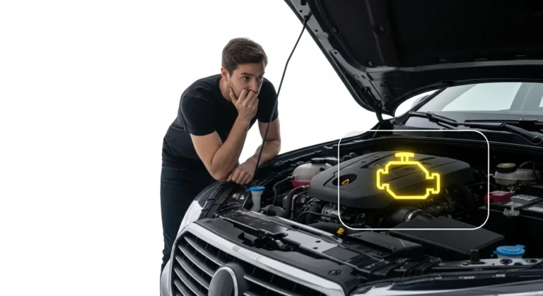 Car with open hood and illuminated check engine warning light