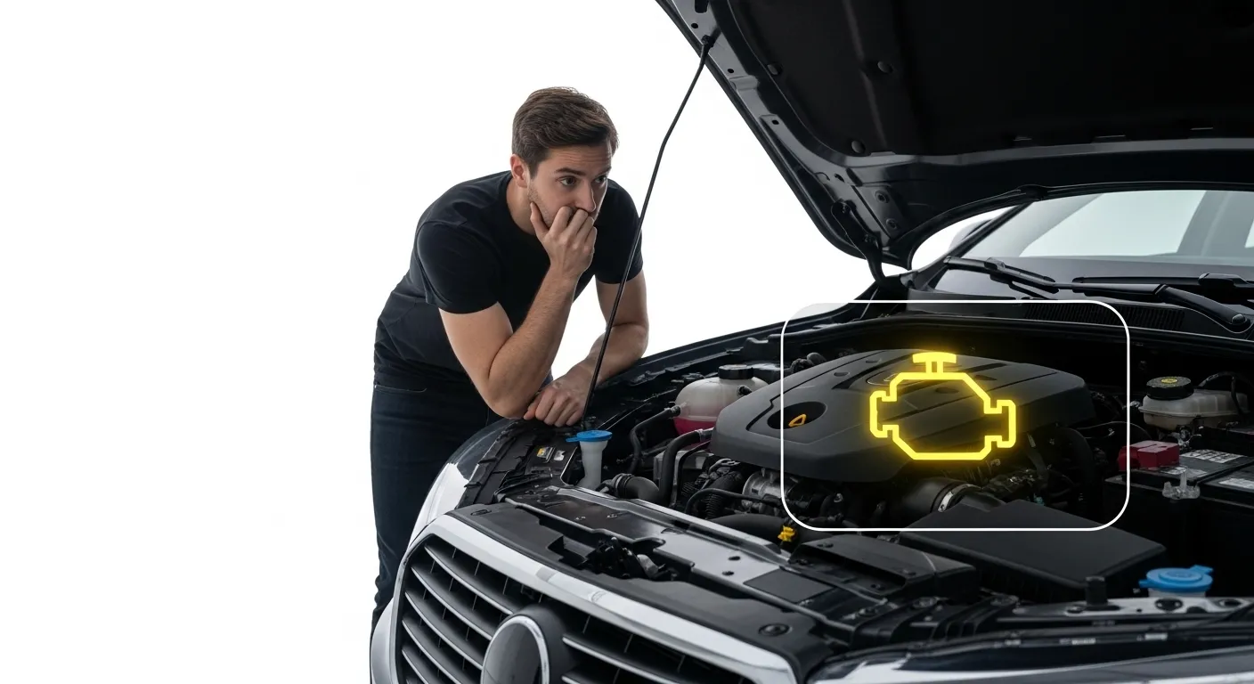 Car with open hood and illuminated check engine warning light