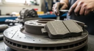 Close-up of worn brake pads and damaged rotor surface causing brake squeaking noise