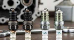 Old worn spark plugs compared to new ones causing rough engine idle