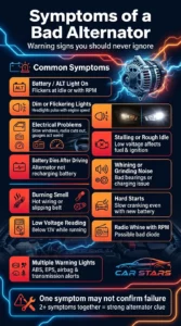 Infographic showing common symptoms of a bad alternator including dim headlights, battery warning light, electrical problems, stalling, low voltage, and whining noises