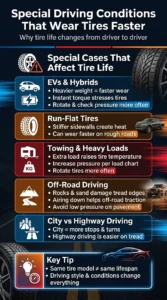 Infographic explaining how EVs, towing, off-road driving, run-flat tires, and city driving can reduce tire lifespan and increase tire wear