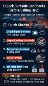 Infographic showing five quick roadside car checks including battery terminals, fuel smell, accessories off start attempt, and jump start testing