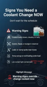 Infographic showing warning signs that indicate coolant needs to be changed immediately including dirty fluid, overheating, leaks, and low coolant light