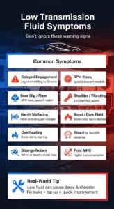 Infographic showing common low transmission fluid symptoms like delayed engagement, gear slipping, overheating, shudder, and poor fuel economy
