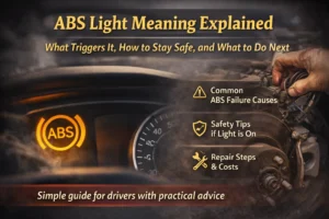Close-up of a car dashboard showing the ABS warning light illuminated, indicating a fault in the anti-lock braking system and need for inspection