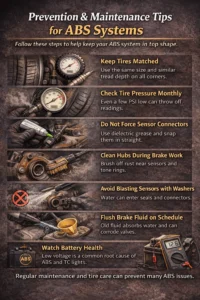 Infographic showing ABS maintenance tips, including checking tire pressure, keeping tires matched, cleaning wheel hubs, protecting sensor connectors, flushing brake fluid, and monitoring battery health