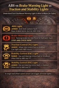 Infographic of car dashboard warning lights showing ABS, brake warning, traction control, and stability control indicators with explanations of what each light means