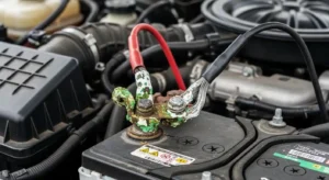 Corroded car battery terminals that may cause engine stalling while driving