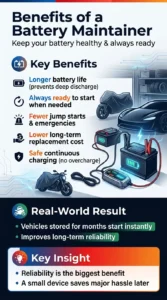 Infographic explaining benefits of using a battery maintainer including longer battery life, reliable starts, fewer jump starts, and reduced replacement cost