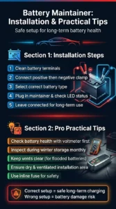 Infographic showing how to install a battery maintainer safely including connecting terminals, selecting battery type, and practical maintenance tips for long term use
