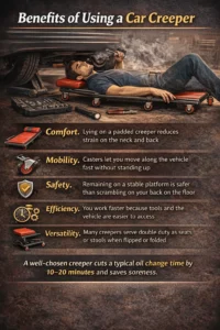 Mechanic lying on a car creeper under a vehicle showing benefits like comfort, mobility, safety, efficiency, and versatility during car maintenance