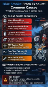 Infographic explaining common causes of blue smoke from exhaust including worn piston rings, valve seals, turbo failure, and PCV system issues in gasoline and diesel engines