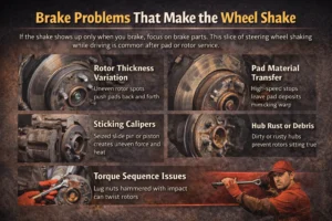 Infographic showing common brake issues like uneven rotors, worn brake pads, sticking calipers, and improper lug torque that can cause steering wheel vibration while braking