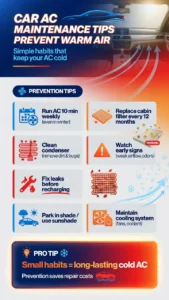 Infographic showing simple car AC maintenance tips like running AC regularly, replacing cabin filter, cleaning condenser, and preventing warm air problems