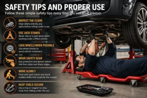 Mechanic using a car creeper under a raised vehicle with jack stands and safety gear, illustrating proper safety tips like wheel chocks, gloves, and tool organization