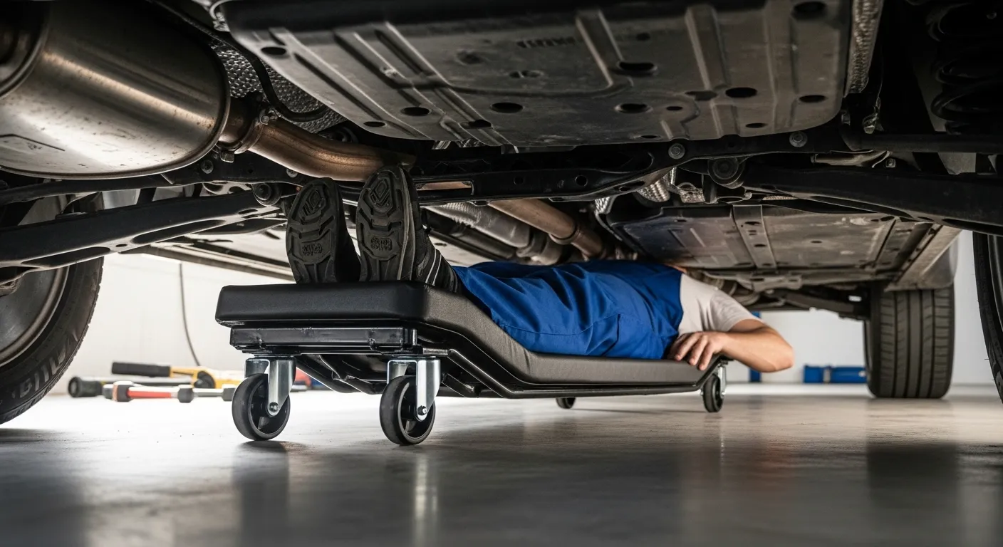 A mechanic using a car creeper to access the underside of a car