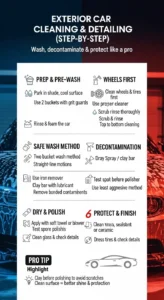 Infographic showing step by step car exterior cleaning and detailing including washing, clay bar, polishing, and protecting the paint for a professional finish