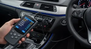 OBD2 car diagnostic tool connected to vehicle showing error codes on screen