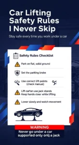 Automotive safety infographic showing essential car lifting rules including using jack stands, wheel chocks, and proper lift points before working under a vehicle