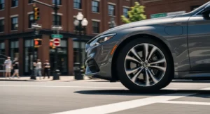 Car turning at an intersection showing potential clicking noise issue from front wheels