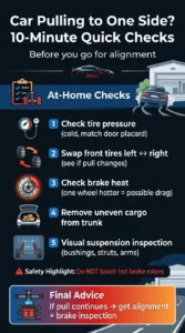 Infographic showing quick at home checks for car pulling to one side including tire pressure, tire swap test, brake heat check, and suspension inspection before alignment