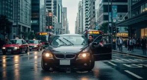 Car stalled in the middle of the road with hazard lights on indicating engine problem