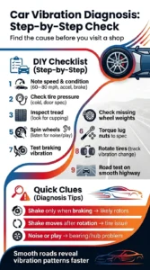 Step by step infographic showing how to diagnose car vibration at high speed including tire pressure check, tread inspection, wheel balance, and road testing tips