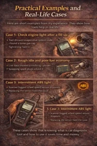 Infographic showing real-life car diagnostic tool examples, including a loose gas cap after fill-up, rough idle caused by a misfiring cylinder, and intermittent ABS light from a faulty wheel speed sensor