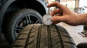 checking tire tread depth with gauge or coin test