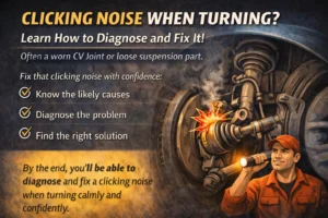 Realistic close-up of a car turning with focus on the front wheel and suspension area, illustrating a clicking noise problem commonly caused by a worn CV joint or loose suspension parts