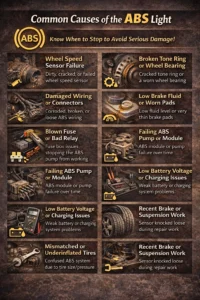 Infographic showing common causes of ABS warning light including wheel speed sensor failure, damaged wiring, low brake fluid, faulty ABS module, battery issues, and tire problems