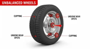 Infographic showing main causes of uneven tire wear such as misalignment and improper tire pressure
