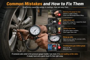 Close-up of a person checking car tire pressure with a gauge, alongside visual tips showing common tire pressure gauge mistakes like poor sealing, removing the gauge too fast, testing warm tires, and unit confusion