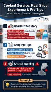 Infographic showing real mechanic tips for coolant service including avoiding mixed coolant, using pressure tester, replacing thermostat, and detecting head gasket issues early