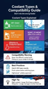 Infographic explaining different coolant types including IAT, OAT, HOAT and why mixing coolant types can cause sludge and engine problems
