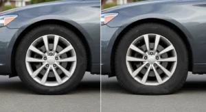 side by side comparison of properly inflated tire and underinflated tire