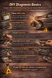 Infographic showing step-by-step DIY car diagnosis methods including reading ABS codes, checking wheel speed data, inspecting sensors, cleaning components, and testing battery and fuses