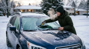 defrosting car windshield in cold winter morning