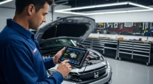Mechanic using diagnostic scanner to find cause of car stalling problem