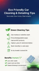 Infographic showing eco friendly car cleaning tips including waterless wash, biodegradable soaps, capturing runoff, and proper microfiber care