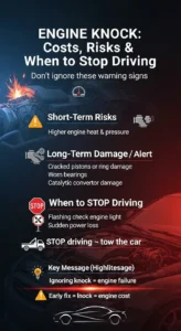 Infographic explaining engine knock risks including short term damage, long term engine failure, and when to stop driving and tow the car