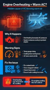 Infographic explaining how engine overheating causes car AC to blow warm air including warning signs like rising temperature gauge and fixes like checking radiator and cooling fans
