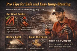 Person using high-quality jumper cables with a headlamp while cleaning car battery terminals, showing best practices for safely jump starting a car