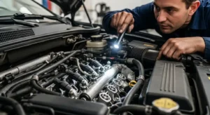 Mechanic inspecting car fuel system components that can cause engine stalling