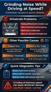 Infographic explaining causes of grinding noise while driving including drivetrain issues, bad U joints, cupped tires, pulleys, and low transmission fluid with quick diagnostic tips