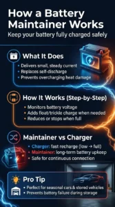 Infographic explaining how a battery maintainer works including voltage monitoring, trickle charging, and difference between battery maintainer and charger